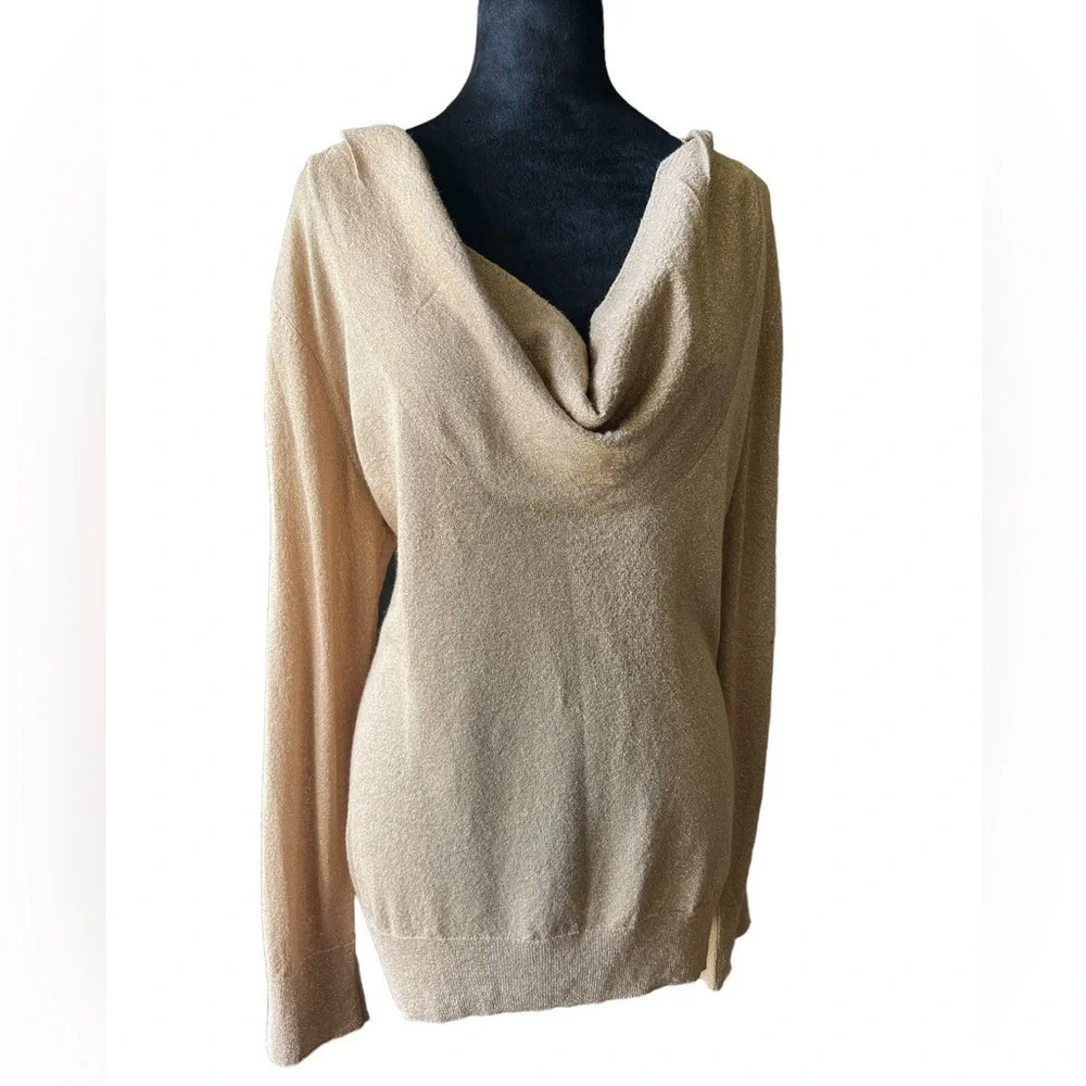 Dana Buchman Gold Shimmer Cowl Neck Sweater Top Off Shoulder XL New - Picture 3 of 5